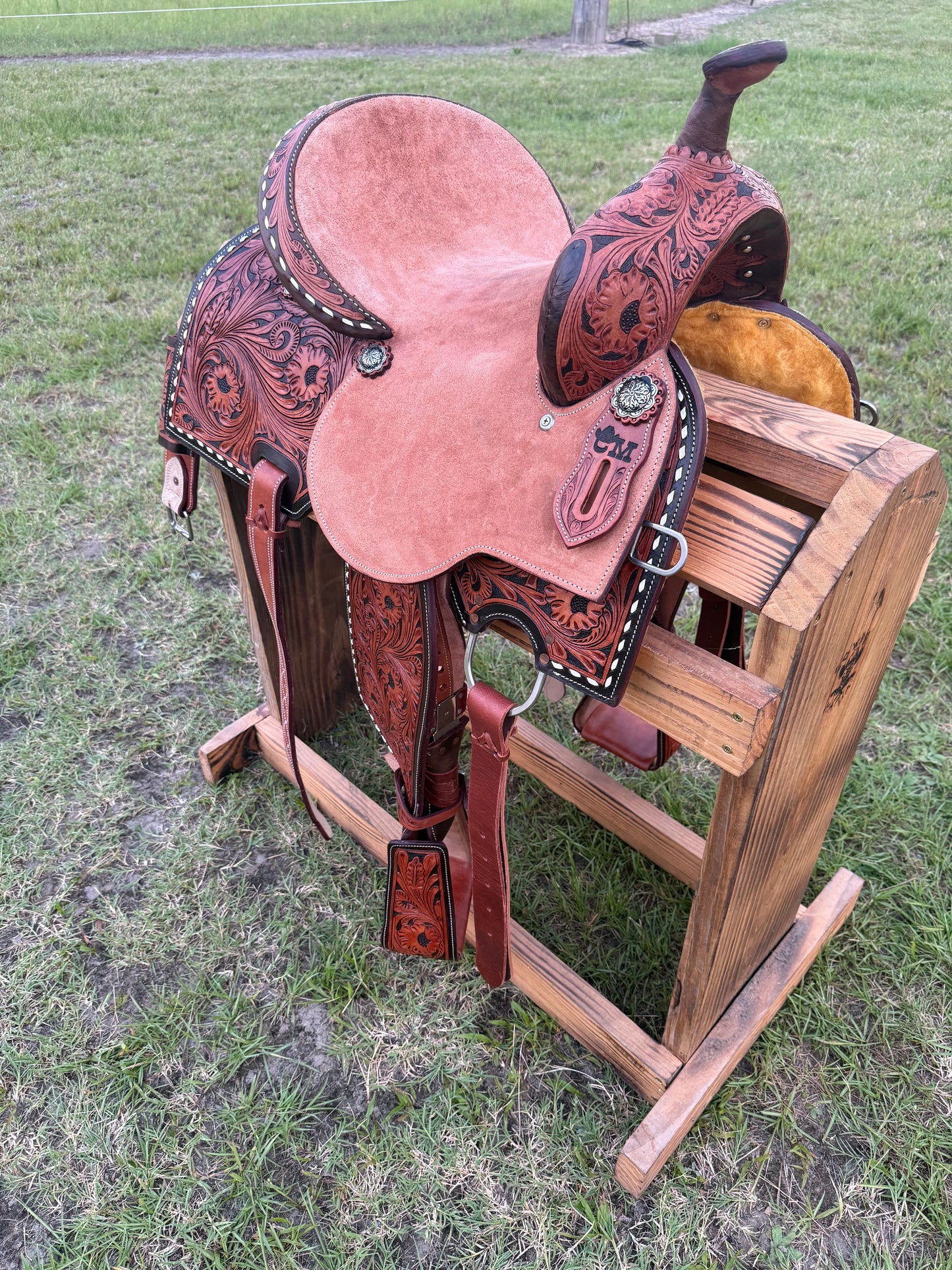 Half Tooled Barrel Saddle with Roughout Seat, Floral Tooling & White Buck Stitching