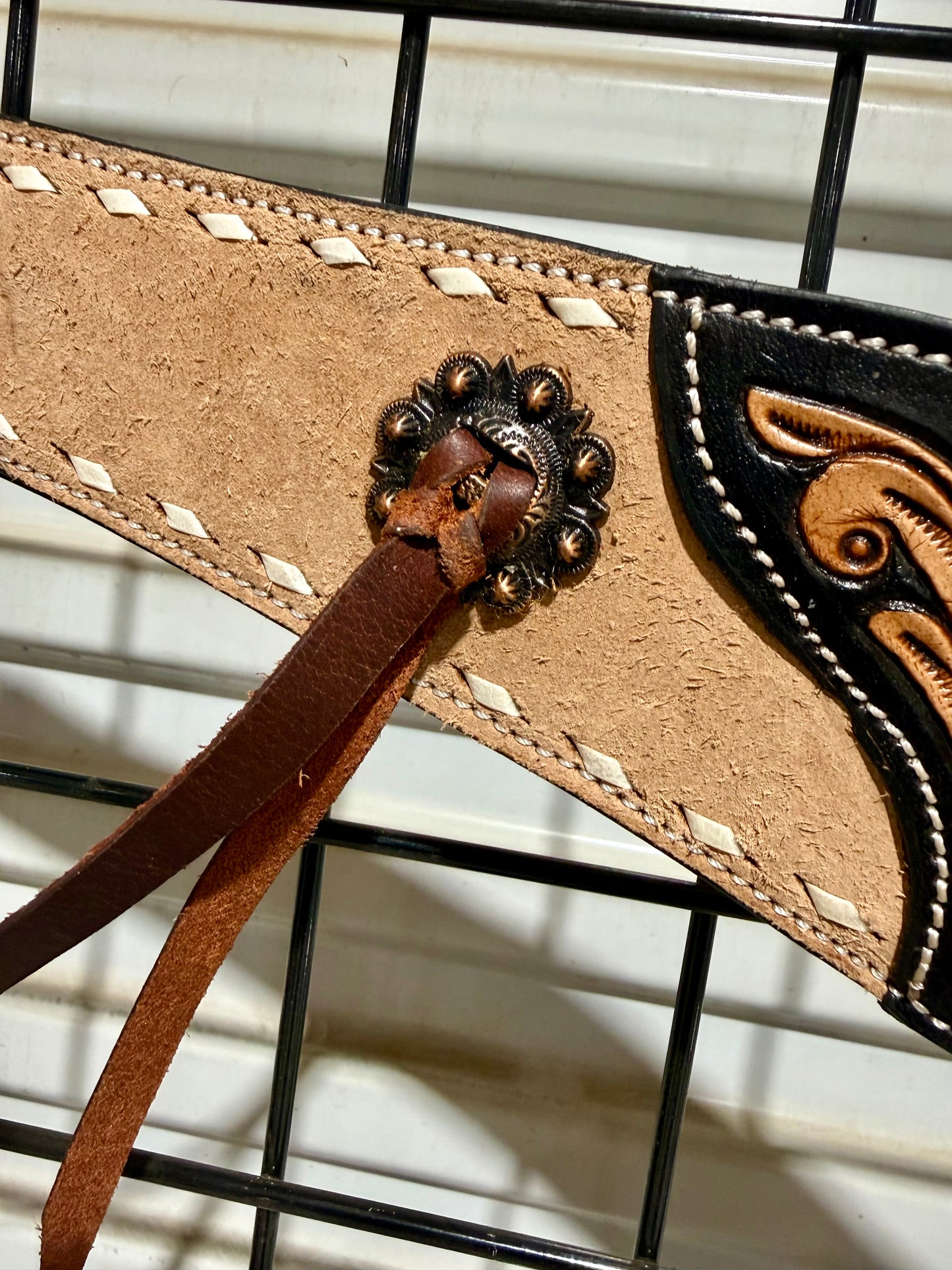 Roughout & Floral Tooled Leather Breast Collar with White Buckstitch & Leather Strings