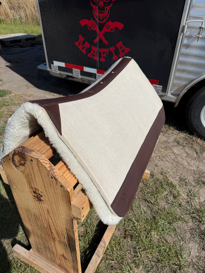 Team Roping Saddle Pad Off White with Brown Leather and 3/4" Fleece