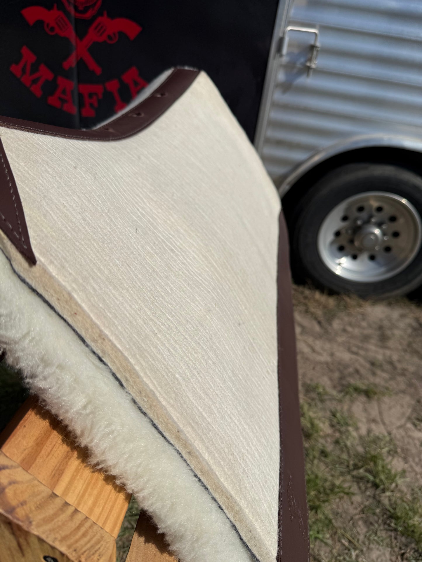 Team Roping Saddle Pad Off White with Brown Leather and 3/4" Fleece