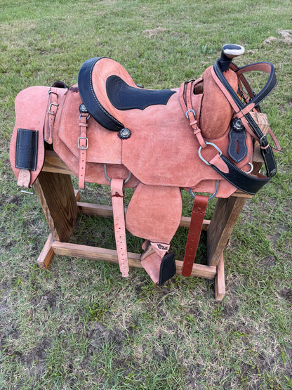 Premium Team Roping Saddle Package – Roughout Leather with Black Cayman Bicycle Seat & Matching Tack Set