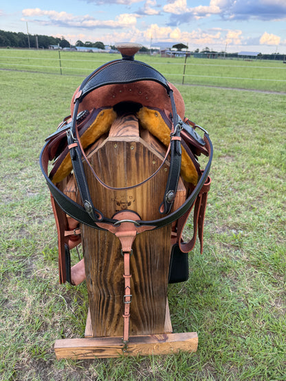 Premium Team Roping Saddle Package – Roughout Leather with Black Cayman Bicycle Seat & Matching Tack Set
