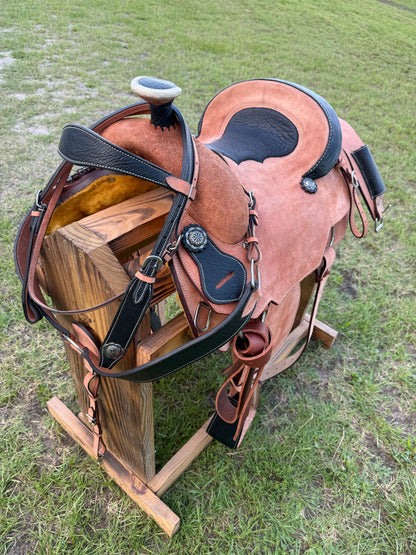 Premium Team Roping Saddle Package – Roughout Leather with Black Cayman Bicycle Seat & Matching Tack Set