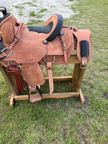 Premium Team Roping Saddle Package – Roughout Leather with Black Cayman Bicycle Seat & Matching Tack Set