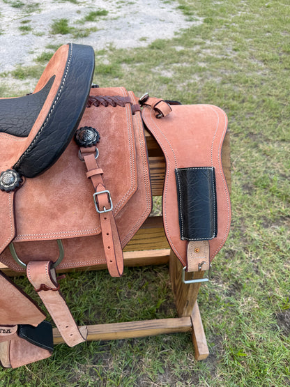 Premium Team Roping Saddle Package – Roughout Leather with Black Cayman Bicycle Seat & Matching Tack Set