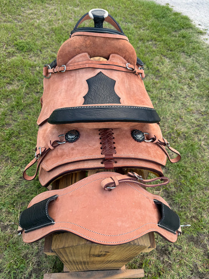 Premium Team Roping Saddle Package – Roughout Leather with Black Cayman Bicycle Seat & Matching Tack Set