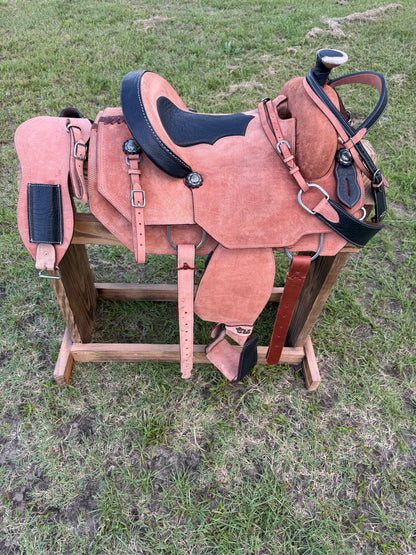 Premium Team Roping Saddle Package – Roughout Leather with Black Cayman Bicycle Seat & Matching Tack Set