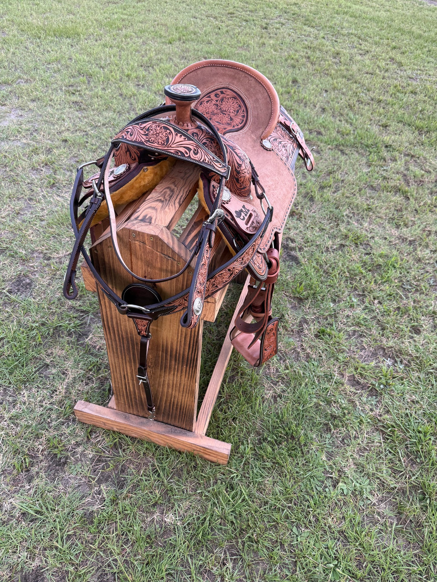 Custom Half-Tooled Roughout Team Roping Saddle with Tooled Bicycle Inlay Pencil Roll Seat & Matching Tack Set