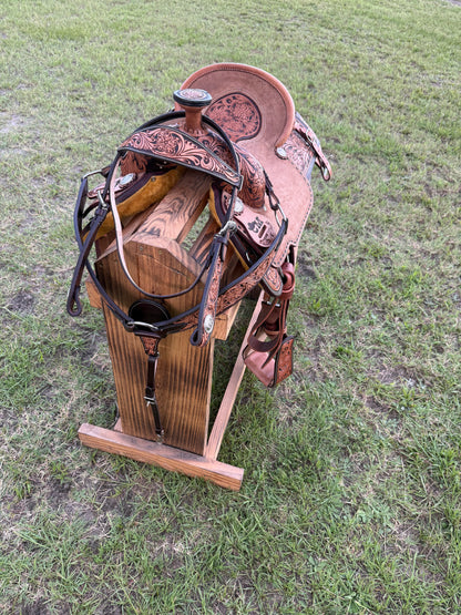 Custom Half-Tooled Roughout Team Roping Saddle with Tooled Bicycle Inlay Pencil Roll Seat & Matching Tack Set