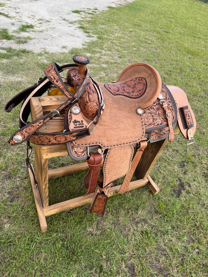 Custom Half-Tooled Roughout Team Roping Saddle with Tooled Bicycle Inlay Pencil Roll Seat & Matching Tack Set