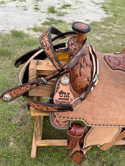 Custom Half-Tooled Roughout Team Roping Saddle with Tooled Bicycle Inlay Pencil Roll Seat & Matching Tack Set