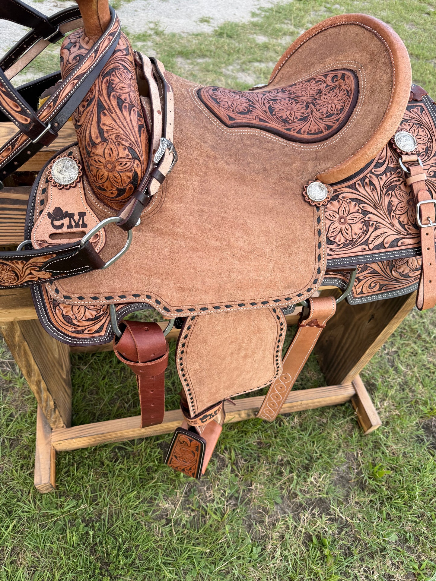 Custom Half-Tooled Roughout Team Roping Saddle with Tooled Bicycle Inlay Pencil Roll Seat & Matching Tack Set