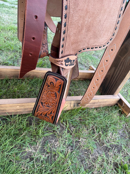 Custom Half-Tooled Roughout Team Roping Saddle with Tooled Bicycle Inlay Pencil Roll Seat & Matching Tack Set