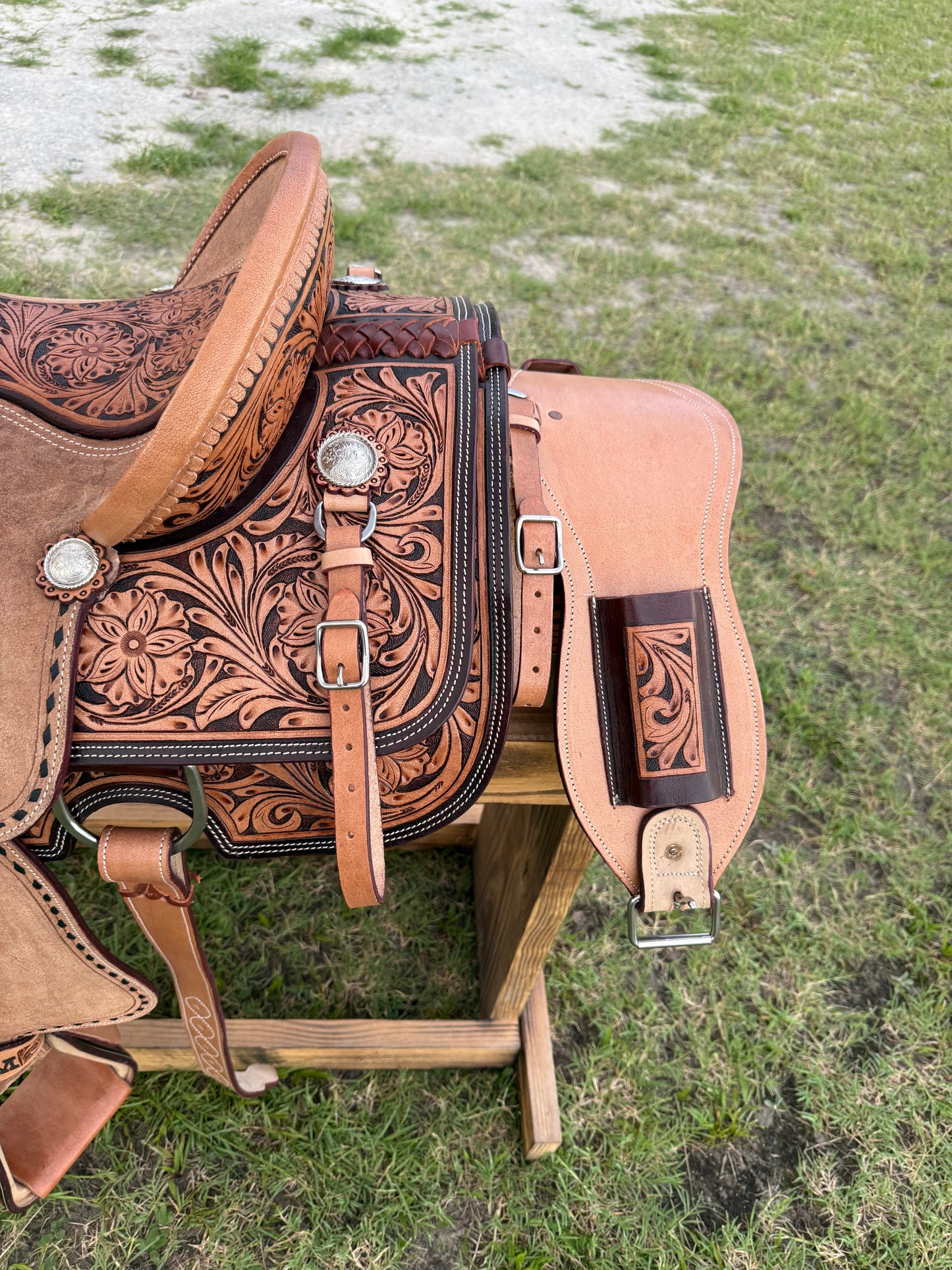 Custom Half-Tooled Roughout Team Roping Saddle with Tooled Bicycle Inlay Pencil Roll Seat & Matching Tack Set