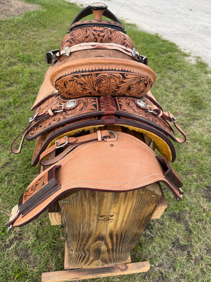 Custom Half-Tooled Roughout Team Roping Saddle with Tooled Bicycle Inlay Pencil Roll Seat & Matching Tack Set