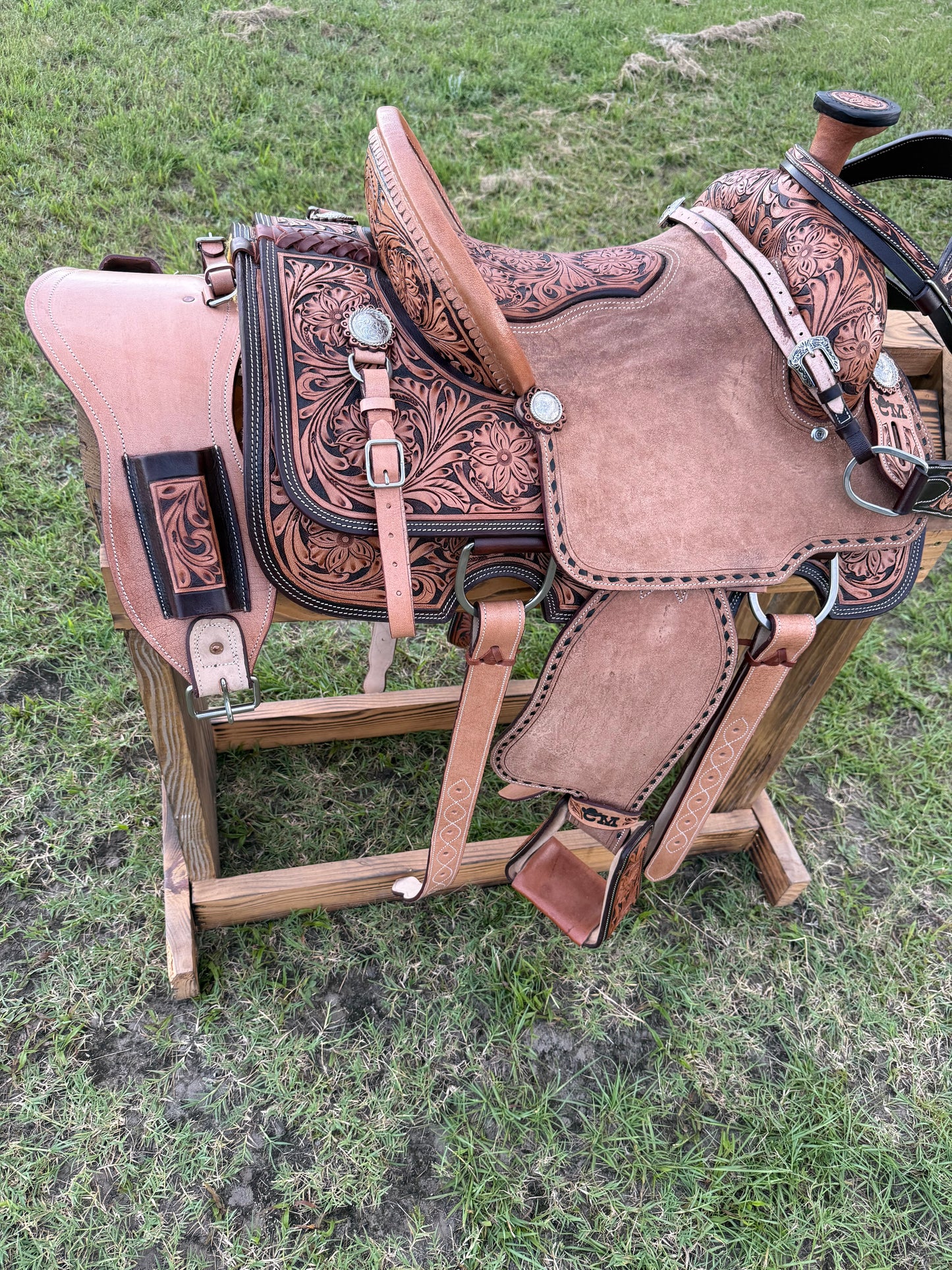 Custom Half-Tooled Roughout Team Roping Saddle with Tooled Bicycle Inlay Pencil Roll Seat & Matching Tack Set