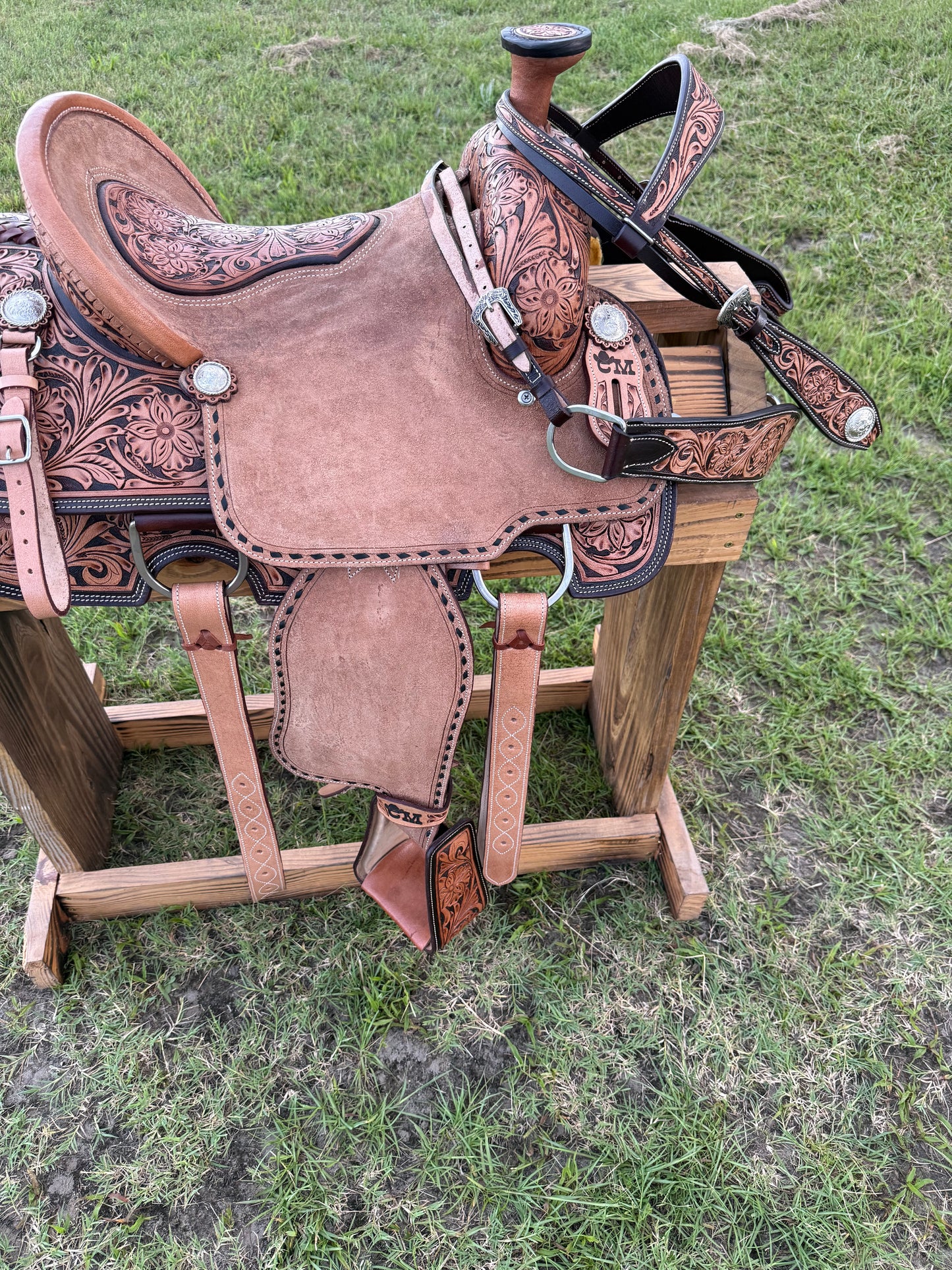 Custom Half-Tooled Roughout Team Roping Saddle with Tooled Bicycle Inlay Pencil Roll Seat & Matching Tack Set
