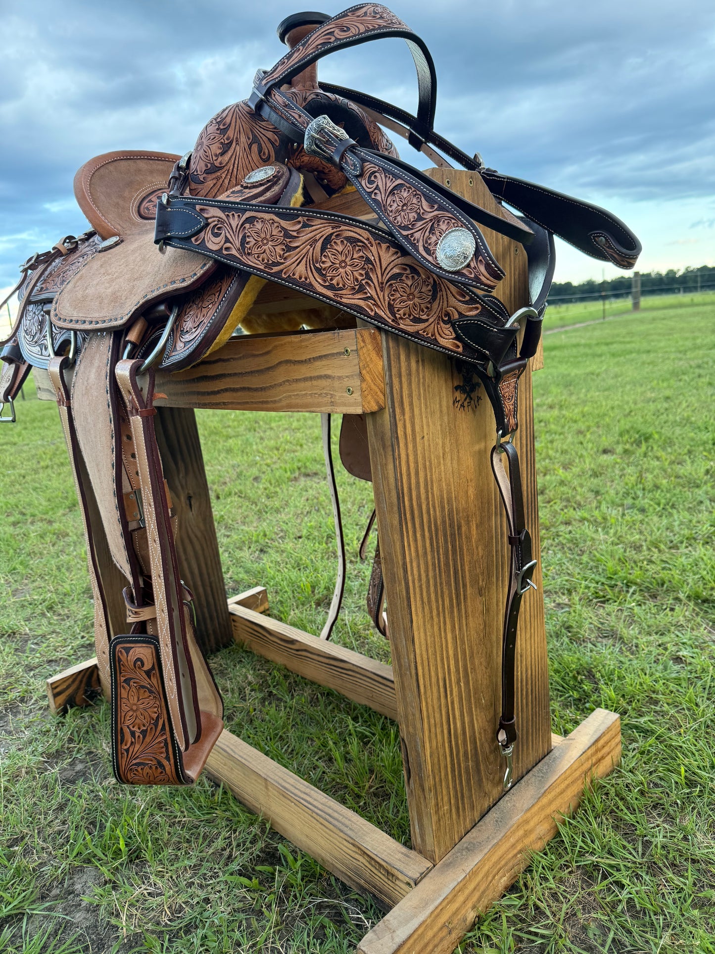 Custom Half-Tooled Roughout Team Roping Saddle with Tooled Bicycle Inlay Pencil Roll Seat & Matching Tack Set