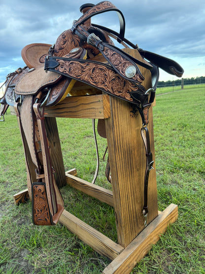 Custom Half-Tooled Roughout Team Roping Saddle with Tooled Bicycle Inlay Pencil Roll Seat & Matching Tack Set