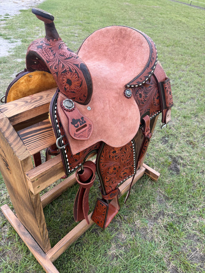 Half Tooled Barrel Saddle with Roughout Seat, Floral Tooling & White Buck Stitching