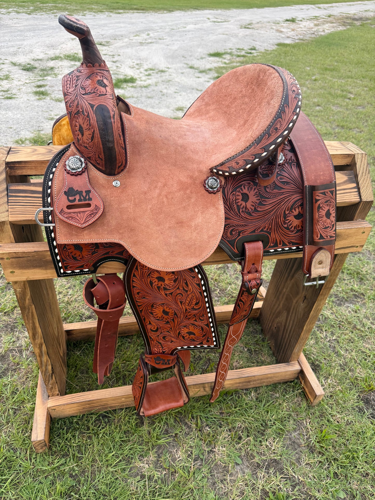 Half Tooled Barrel Saddle with Roughout Seat, Floral Tooling & White Buck Stitching