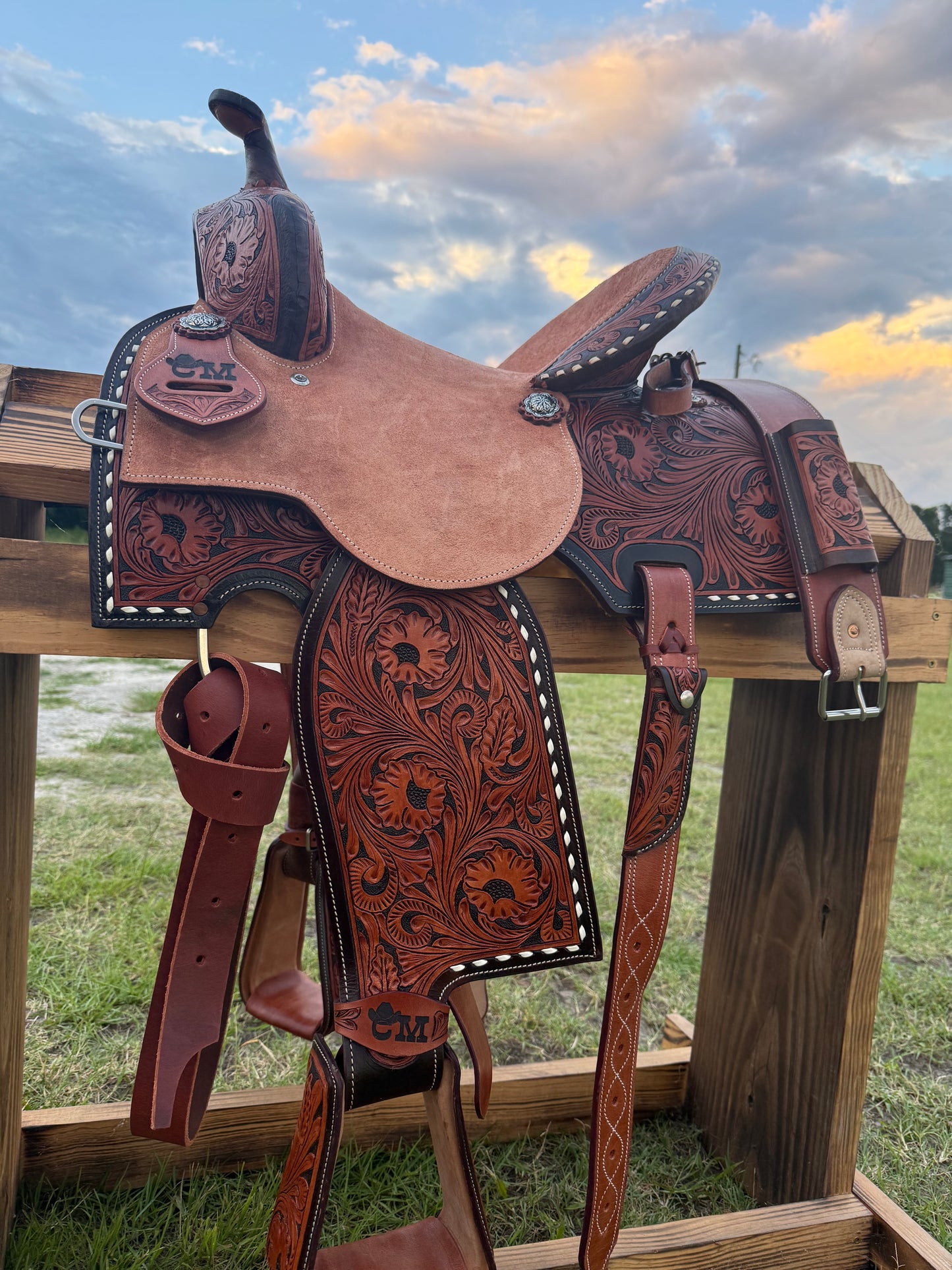 Half Tooled Barrel Saddle with Roughout Seat, Floral Tooling & White Buck Stitching