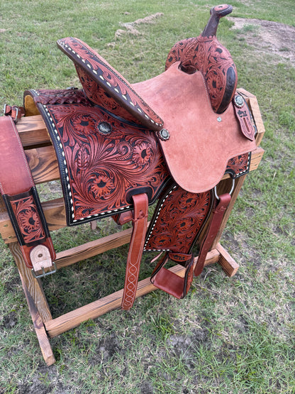 Half Tooled Barrel Saddle with Roughout Seat, Floral Tooling & White Buck Stitching