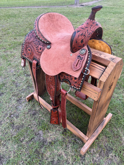 Half Tooled Barrel Saddle with Roughout Seat, Floral Tooling & White Buck Stitching