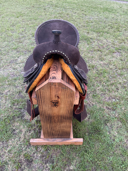Chocolate Roughout Barrel Racing Saddle with White Buck Stitching & Back Cinch