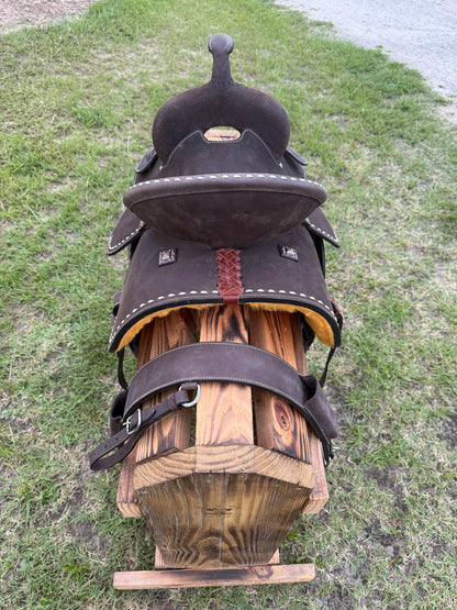 Chocolate Roughout Barrel Racing Saddle with White Buck Stitching & Back Cinch