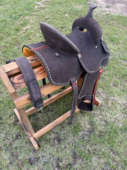 Chocolate Roughout Barrel Racing Saddle with White Buck Stitching & Back Cinch