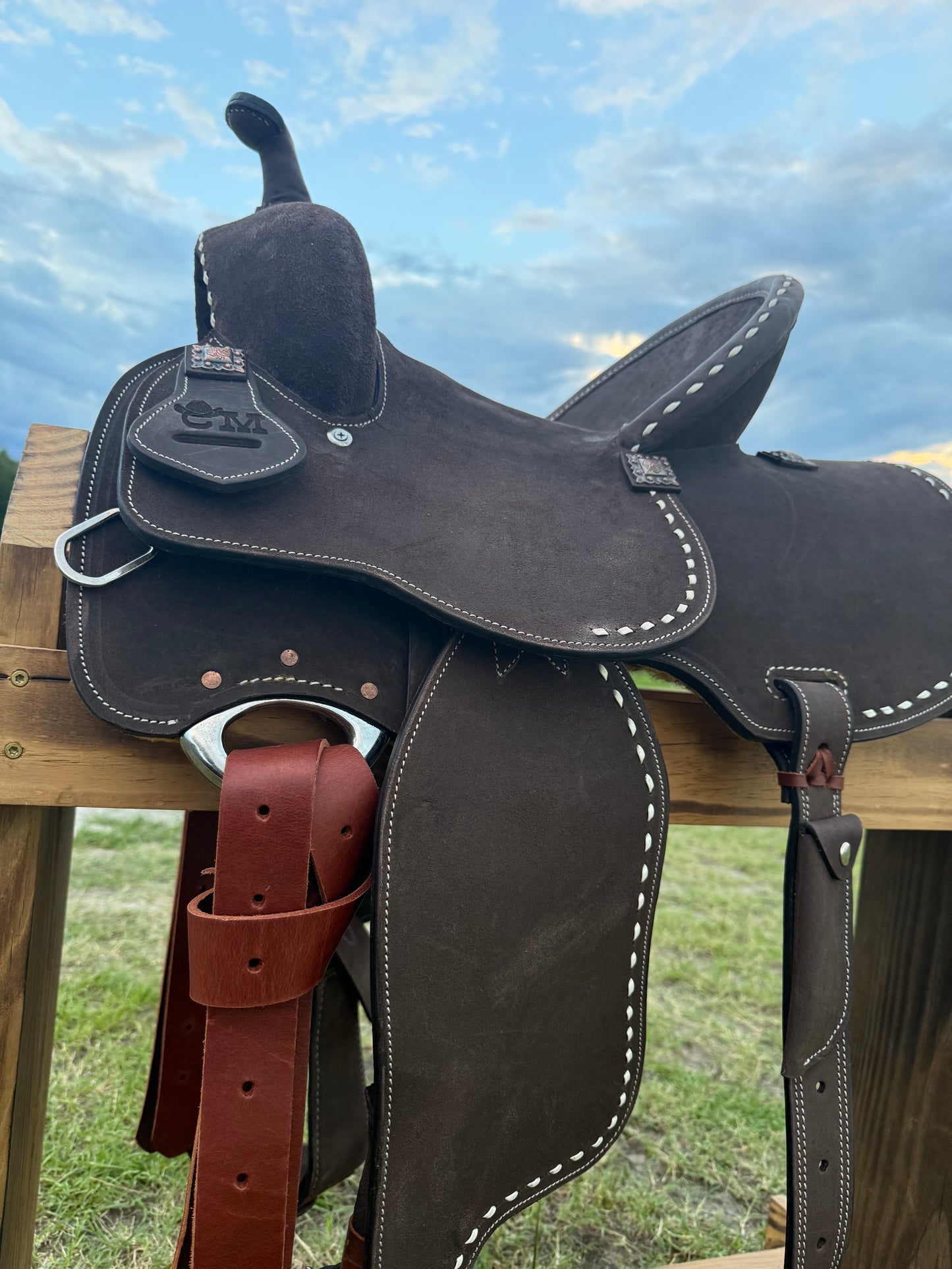 Chocolate Roughout Barrel Racing Saddle with White Buck Stitching & Back Cinch