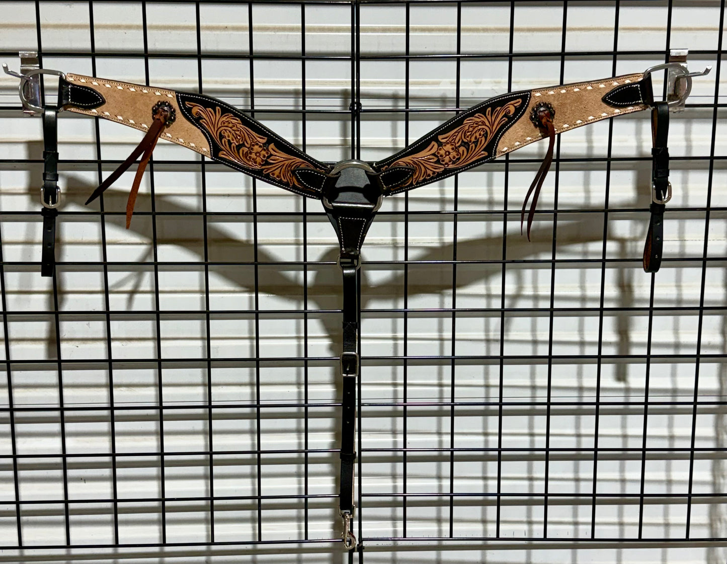 Roughout & Floral Tooled Leather Breast Collar with White Buckstitch & Leather Strings