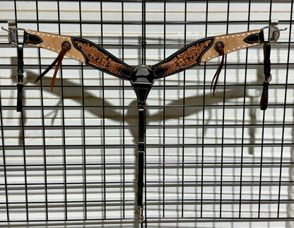 Roughout & Floral Tooled Leather Breast Collar with White Buckstitch & Leather Strings