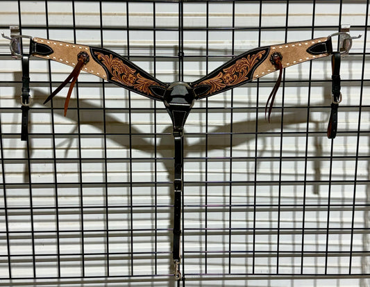 Roughout & Floral Tooled Leather Breast Collar with White Buckstitch & Leather Strings