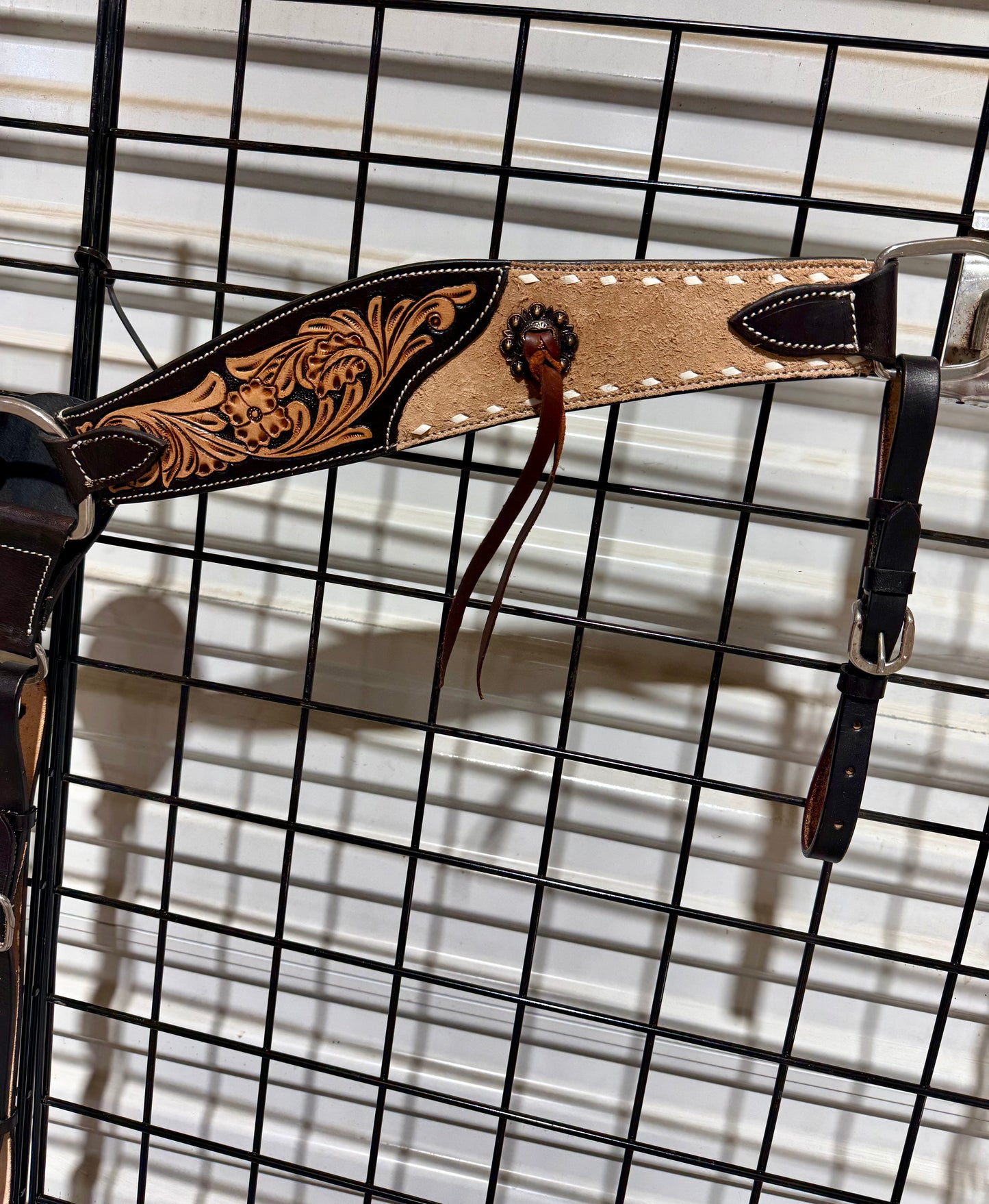 Roughout & Floral Tooled Leather Breast Collar with White Buckstitch & Leather Strings