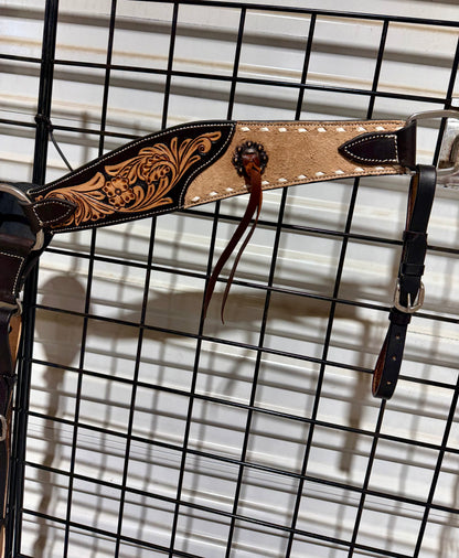 Roughout & Floral Tooled Leather Breast Collar with White Buckstitch & Leather Strings