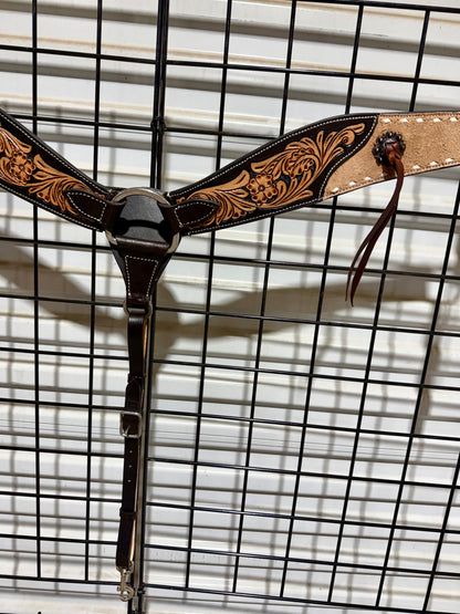 Roughout & Floral Tooled Leather Breast Collar with White Buckstitch & Leather Strings