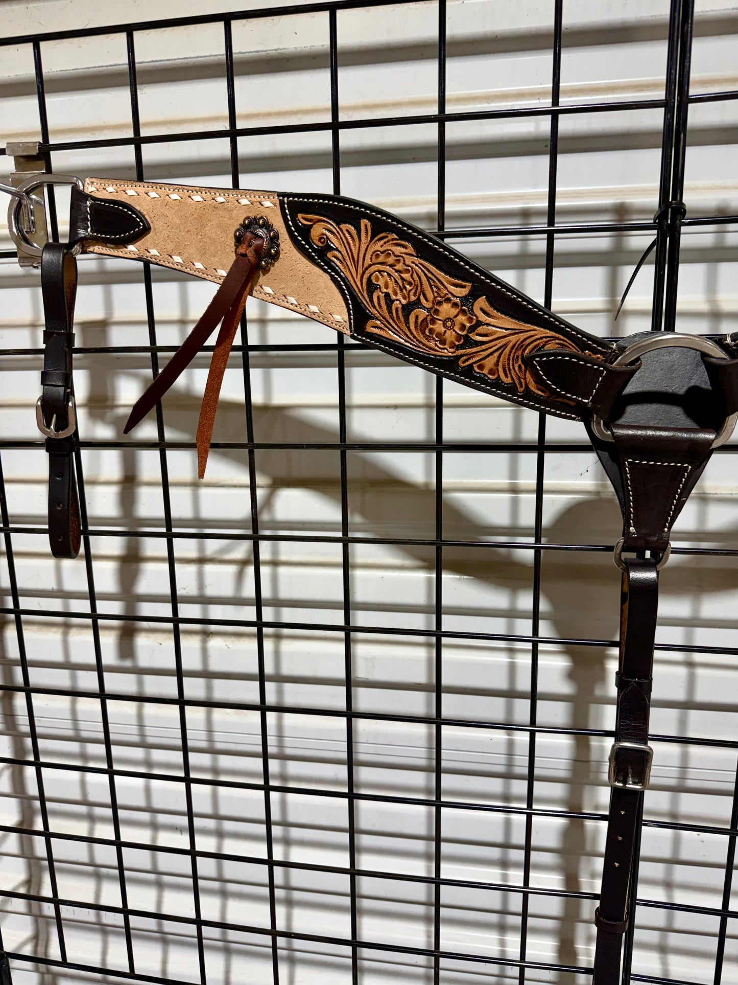 Roughout & Floral Tooled Leather Breast Collar with White Buckstitch & Leather Strings
