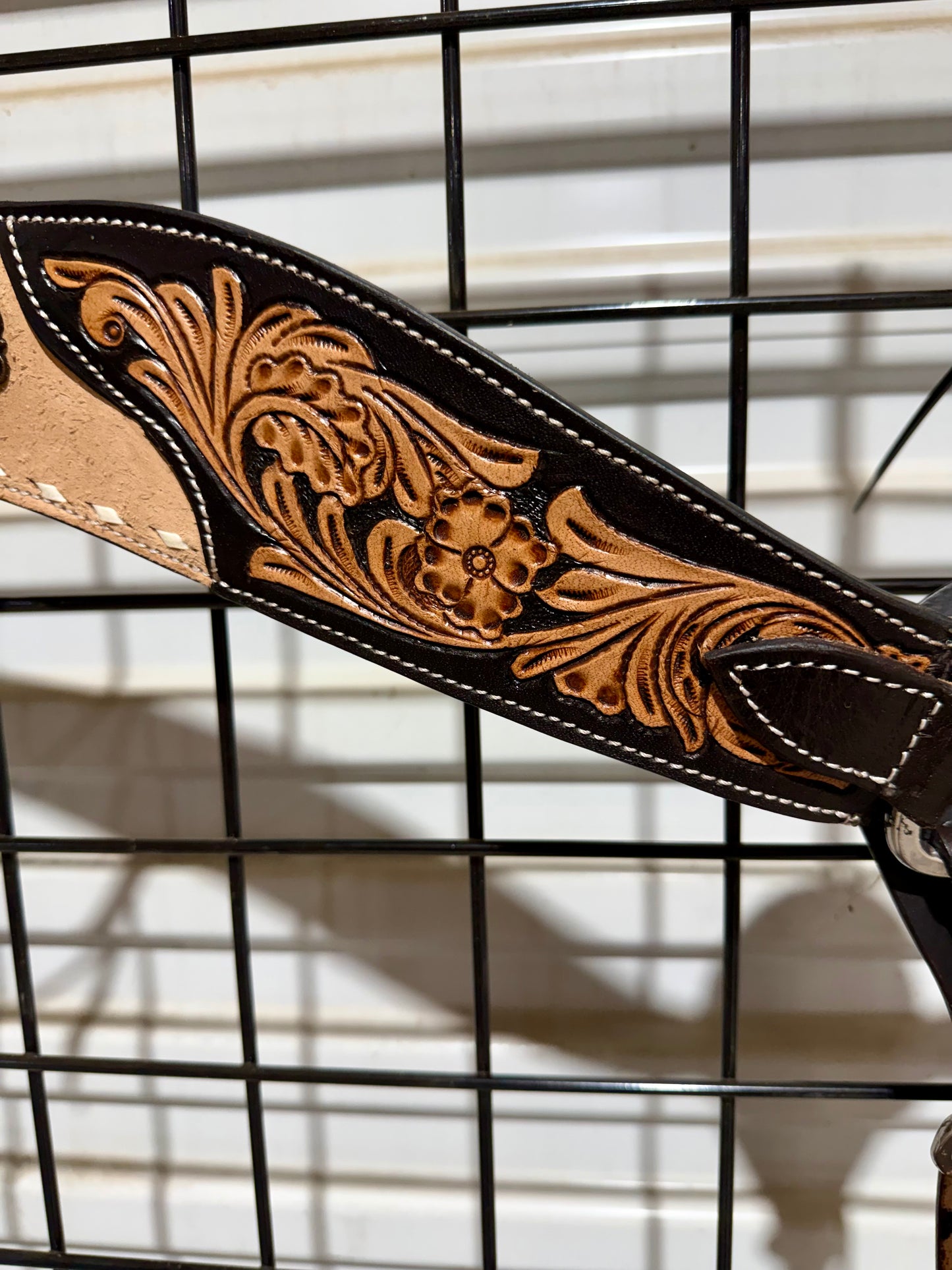 Roughout & Floral Tooled Leather Breast Collar with White Buckstitch & Leather Strings