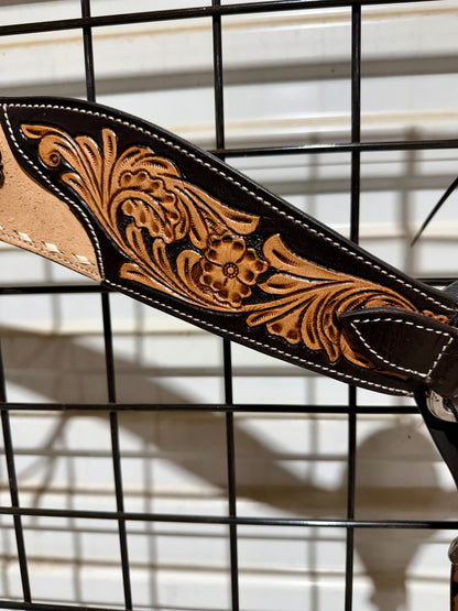 Roughout & Floral Tooled Leather Breast Collar with White Buckstitch & Leather Strings