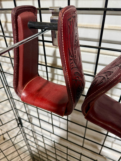 Mahogany Tooled Leather Roper Stirrups – Handcrafted Western Saddle Stirrups