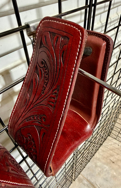 Mahogany Tooled Leather Roper Stirrups – Handcrafted Western Saddle Stirrups