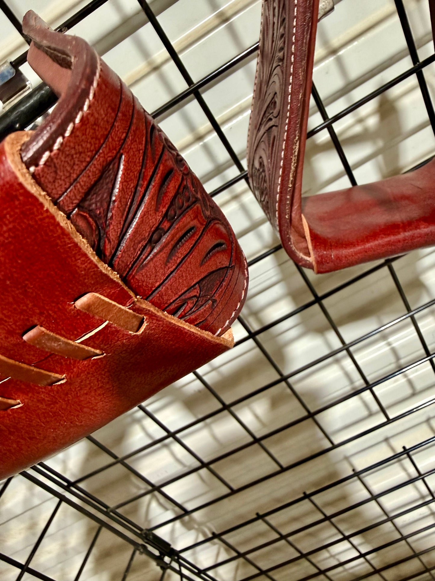 Mahogany Tooled Leather Roper Stirrups – Handcrafted Western Saddle Stirrups